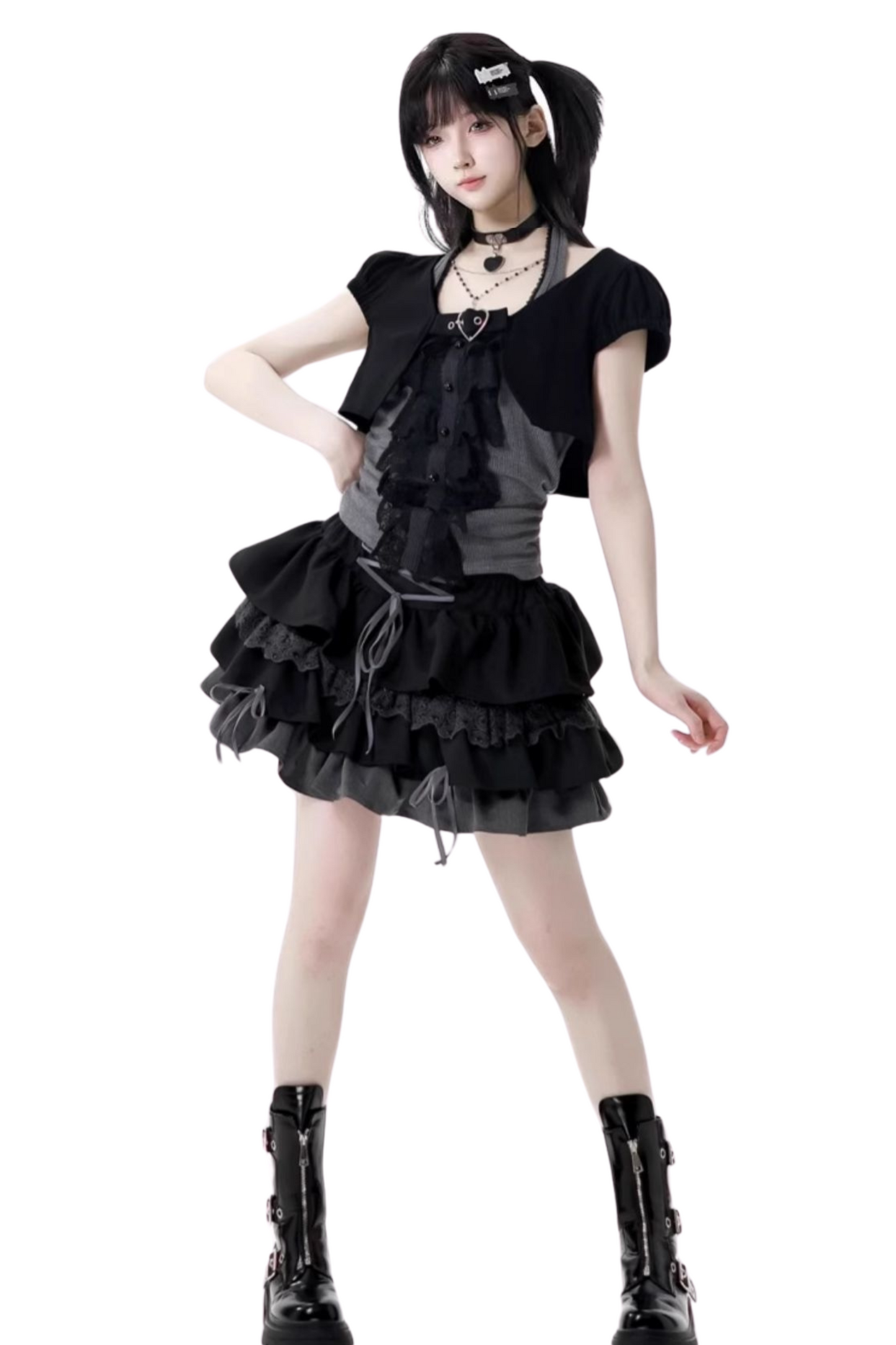 short neck cardigan lace top halter skirt + Vintage