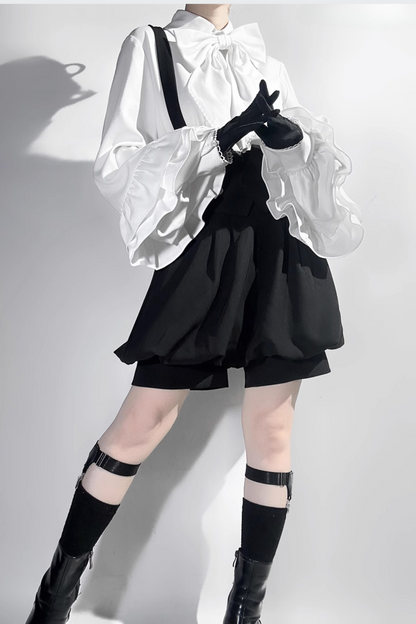 キュート+レトロショートパンツエレガントシャツリボンプリンス予約テールダーク