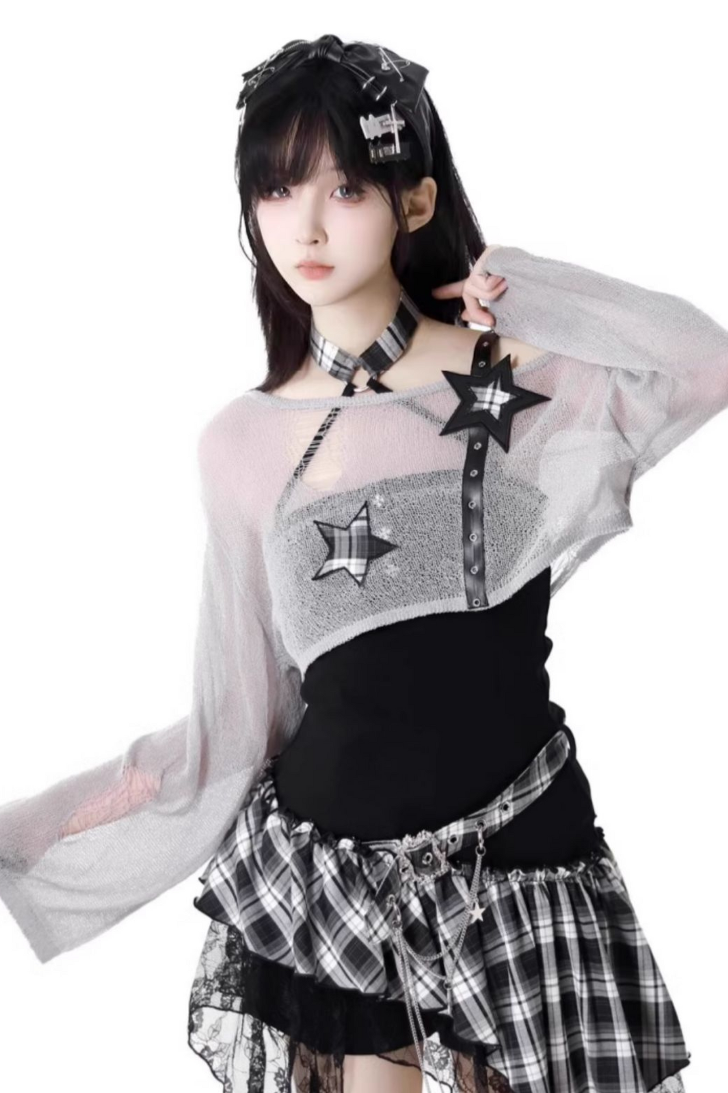 シックなショルダーロックショートワンピース+ショートパンツトップチェック