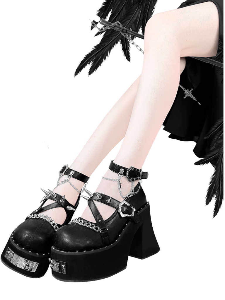 魔女パンクラウンドシューズリベットダークローズプラットフォームトゥ