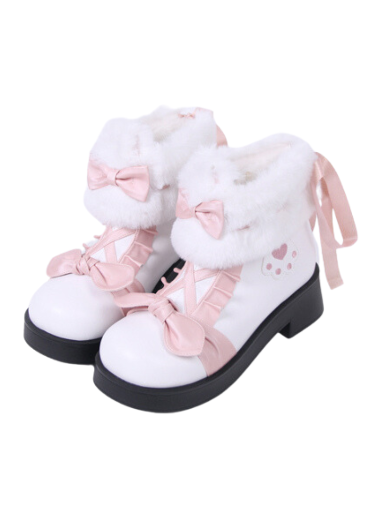 Boots Snow Mid Velvet Color Lolita Block Short Ribbon Heel Sweet