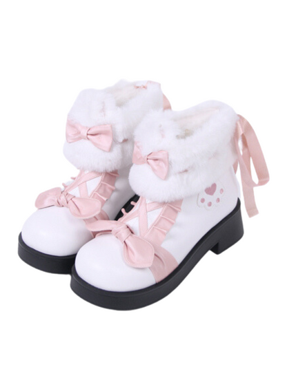 Boots Snow Mid Velvet Color Lolita Block Short Ribbon Heel Sweet