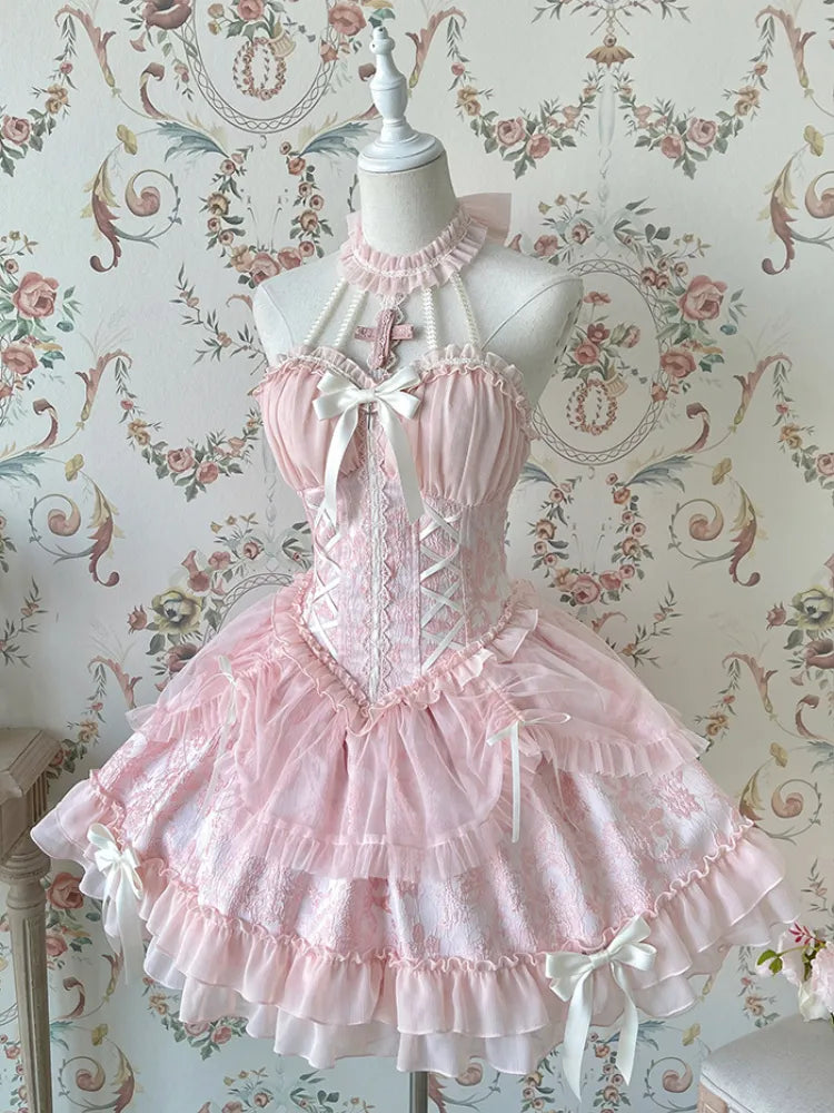 Cross Belle Rosa Neckholder-Korsettkleid Balletcore Lolita JSK
