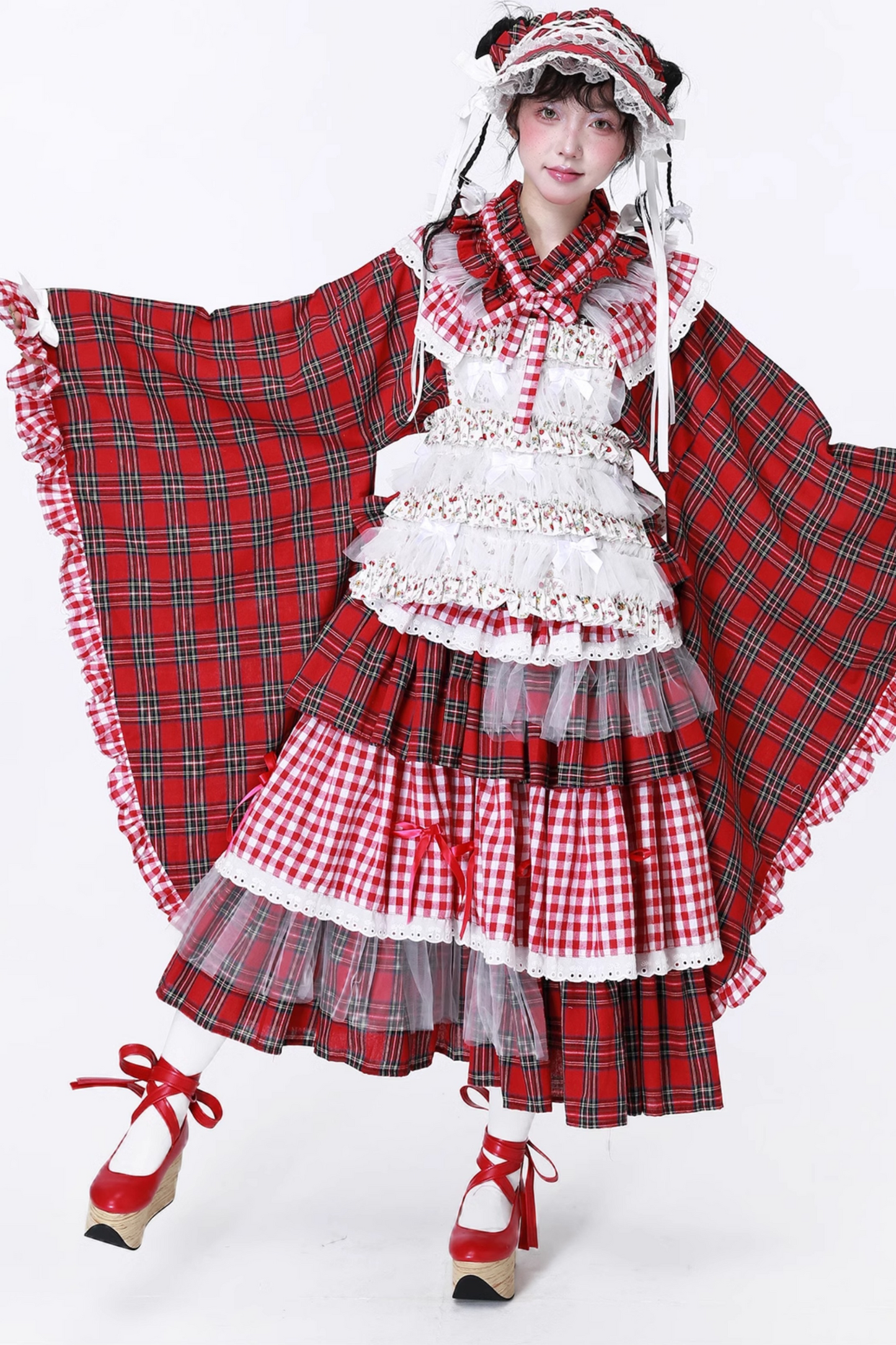 Schicker Kimono Rot Karierter Rock Retro