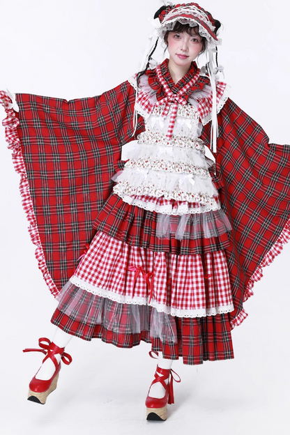 Schicker Kimono Rot Karierter Rock Retro