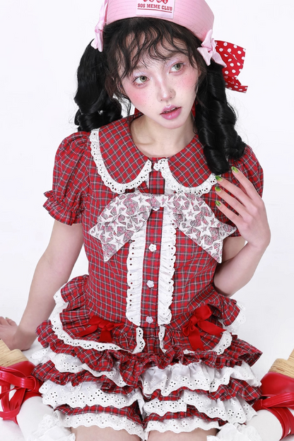 レトロトップスリーブチェックパフ