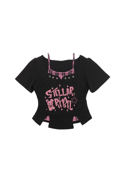 チェック柄トップス + クロップ Y2K スカート