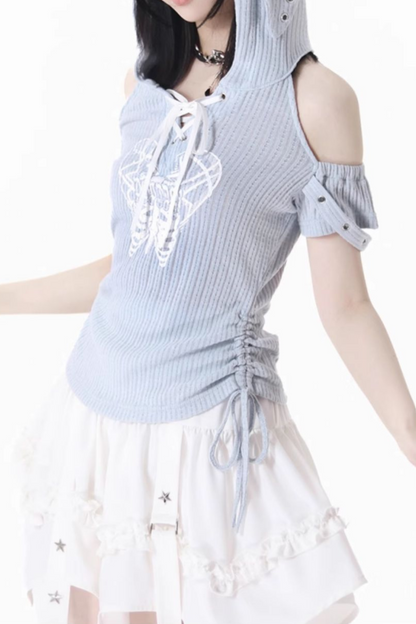 オフショルダーケーキトップ + ウサギのフード付きスカート