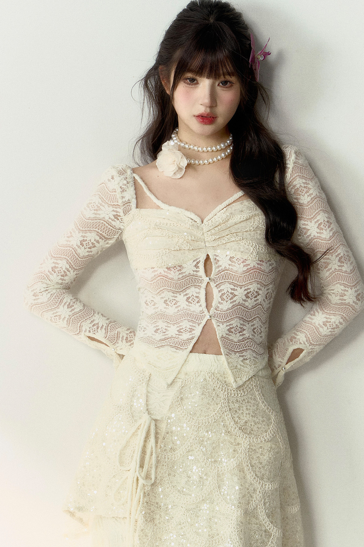 Shiny Top Sheer + French Asymmetrical Skirt Lace