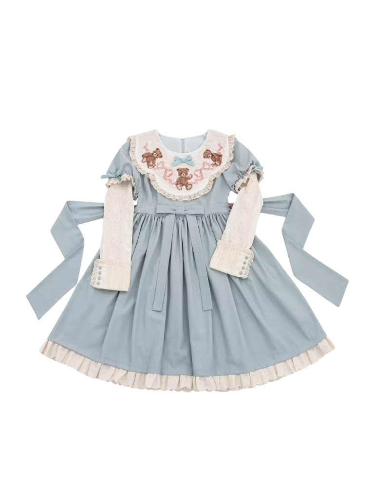 ロリータテディベアフラップレースパフスリーブリボンデレス
