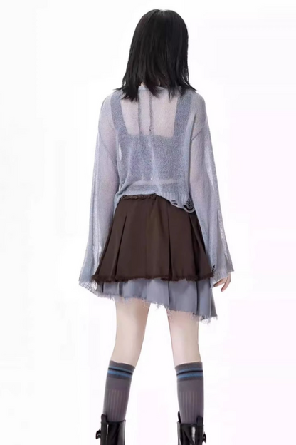 スカート + ブルーのビスチェトップ、ダークチェック、Y2K、アシンメトリー