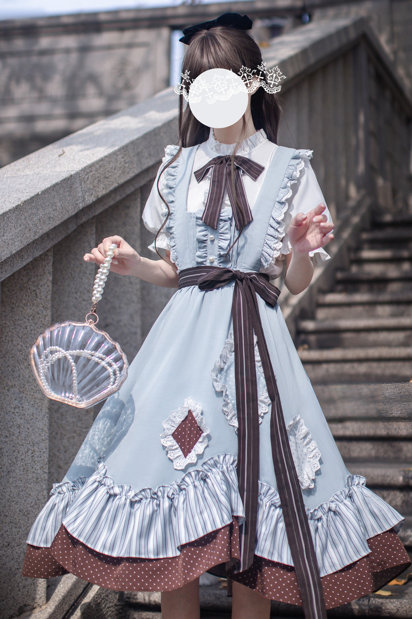 リボンシャツ レトロなヘアゴム ご予約＋ブローチ アリス風クリップスカート サスペンダー