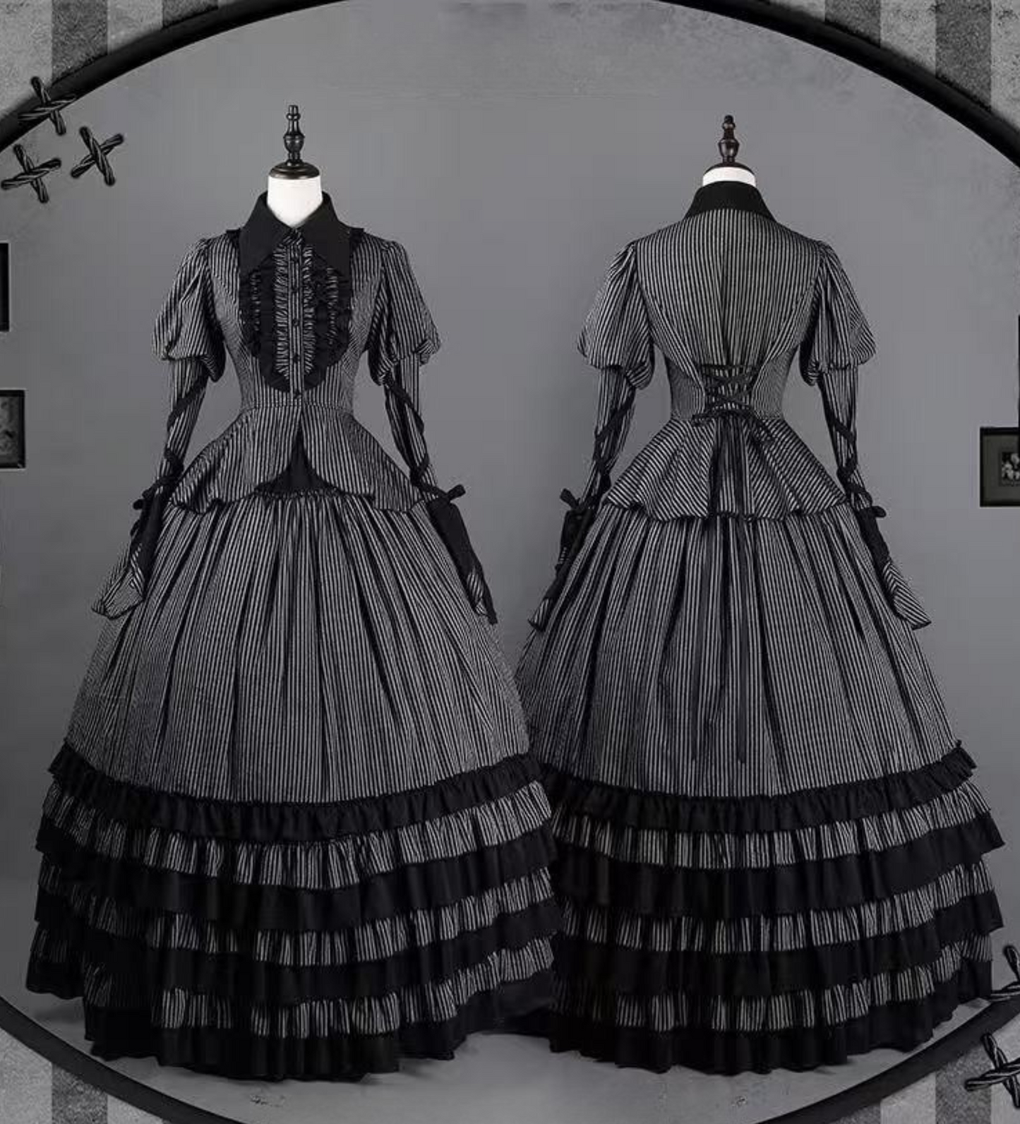 Hemd mit Zwickelärmeln + Reservierungen Rock gestreiftes Korsett Dunkel