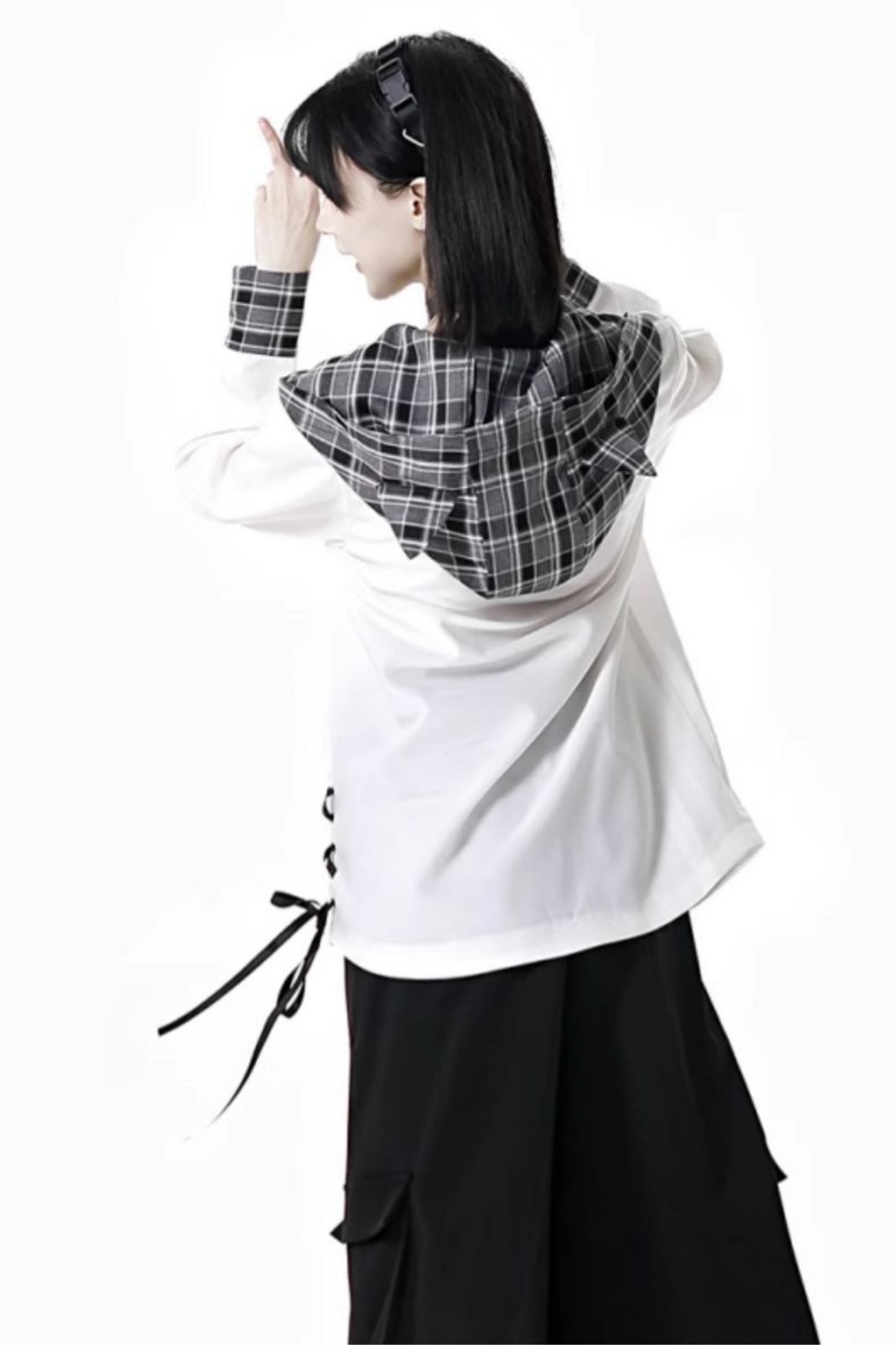 + ハーフチェックフード付きトップスパンツシャツ