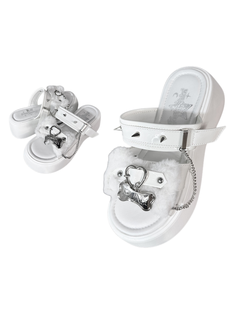 Rivet Sandal Chain Flat Platform Punk Fur