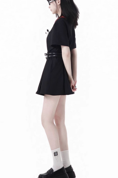 Comic Crop Top Rock Kleid Plissee Love Check Panda +