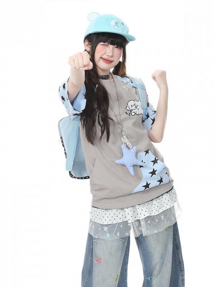 Gray Star Pattern Short Sleeve Top with Kitty Embroidery - Languid Park