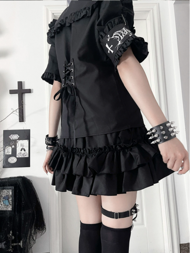 Black Studded Embroidery with Tiered Letter Skirt Waist Apron Gothic Gray Ruffle
