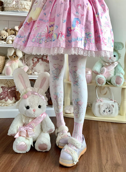 Print Pink/Blue/Green Tights Lolita Cute Balloon Bunny Velvet