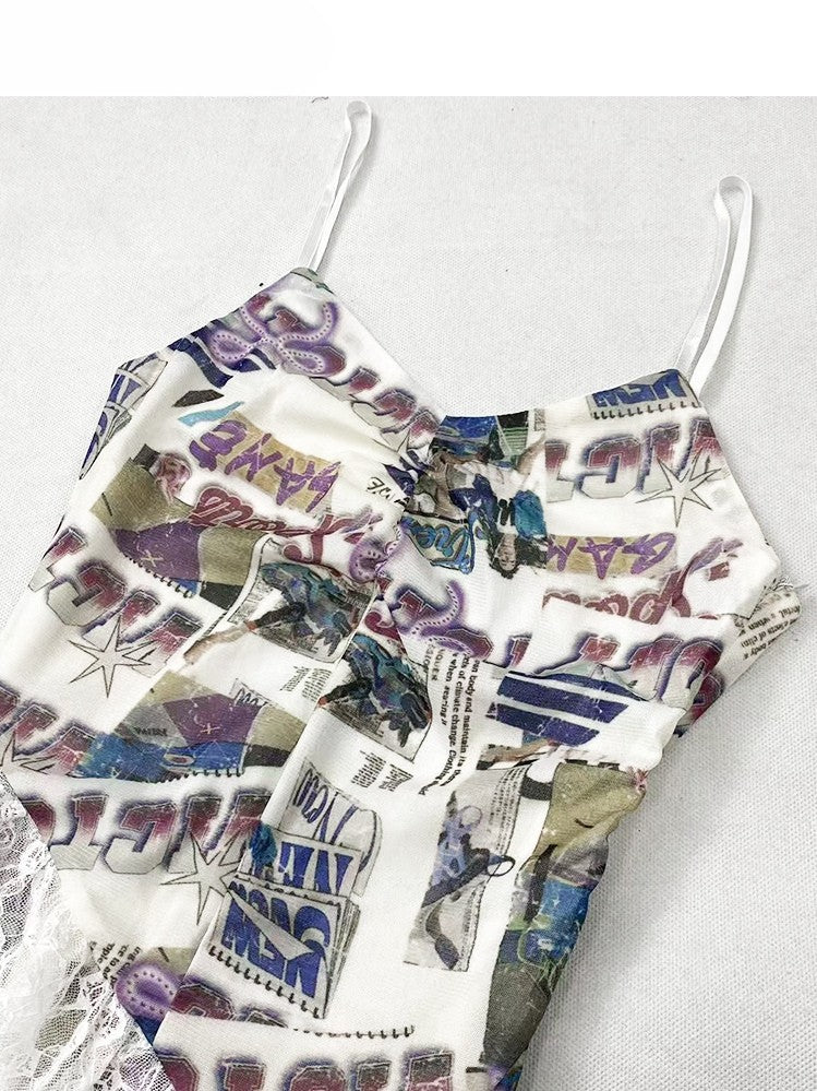 Bittersweet Cami Trim Holiday Flounce Print Letter Dress Lace Hem White Asymmetrical