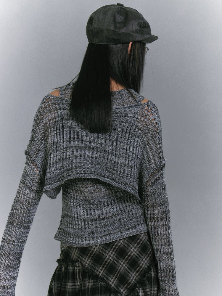 Set Y2K Gray Skeleton Distressed Tank Top with Cardigan Glamorous Holes Pattern