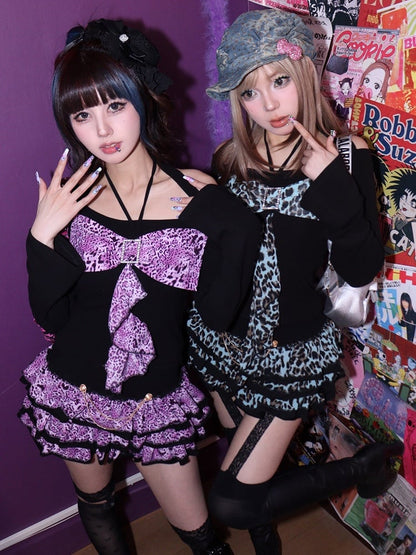 Hime Glamorous Leopard Print Off-Shoulder Top with Statement Bow Mint Gyaru Green/Purple