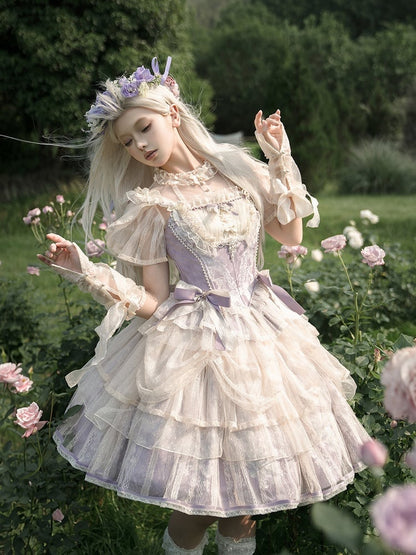 Balletcore Top Corset + Print Skirt Lolita Princess Purple Light Boned Floral