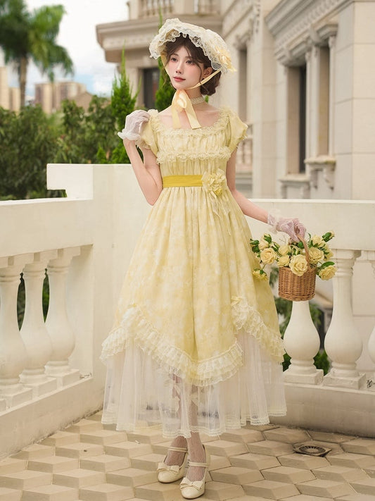 Yellow Edge Mesh Scalloped Waist OP Set Dress Hem Panels Full Lolita Light High