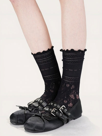 Lace Pattern Ruffle Calf Socks - ModaSwings