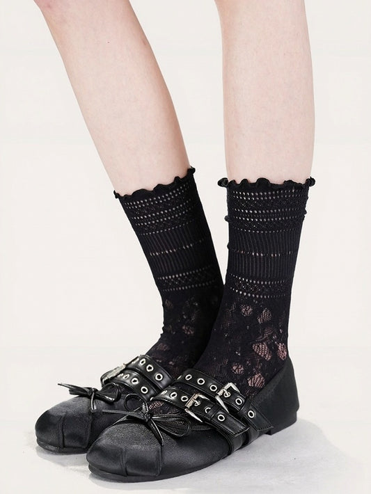 Lace Pattern Ruffle Calf Socks - ModaSwings