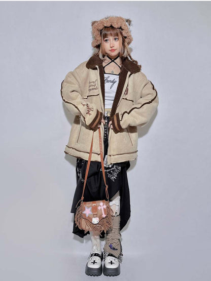 Khaki Letter Contrast Trim Oversized Jacket