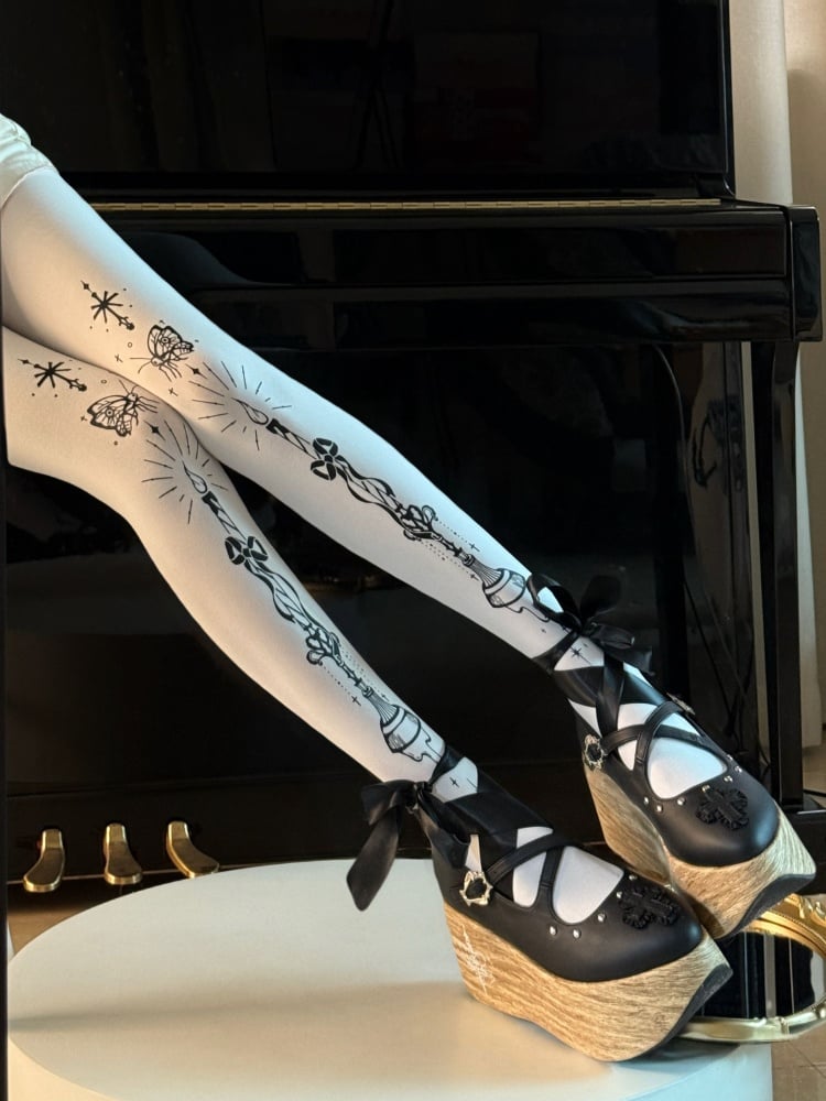 Strumpfhose Schmetterling und Kandelaber Print Gothic Lolita Weiß