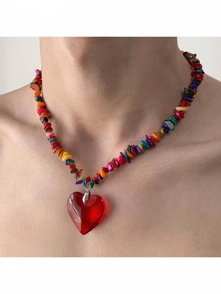 Y2K Multicolor Necklace with Red Heart Pendant - YSHXS