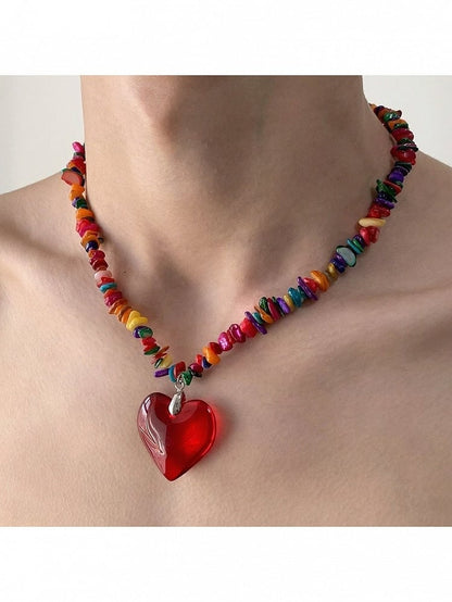 Y2K Multicolor Necklace with Red Heart Pendant - YSHXS