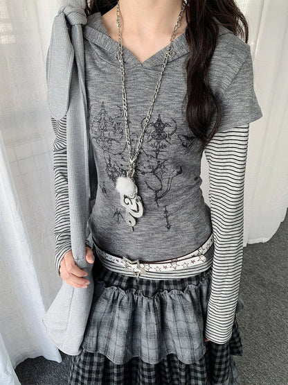 Top Print Y2K Cat Gray Bunny Patchwork Hooded Striped with Two-piece