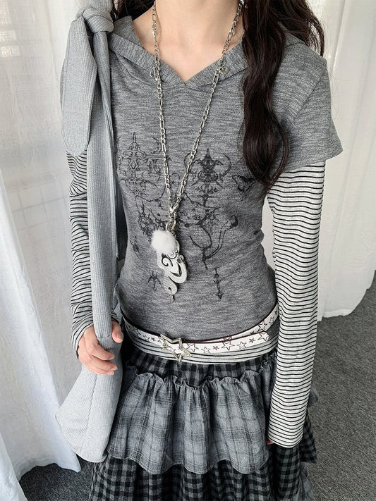 Top Print Y2K Cat Gray Bunny Patchwork Hooded Striped with Two-piece