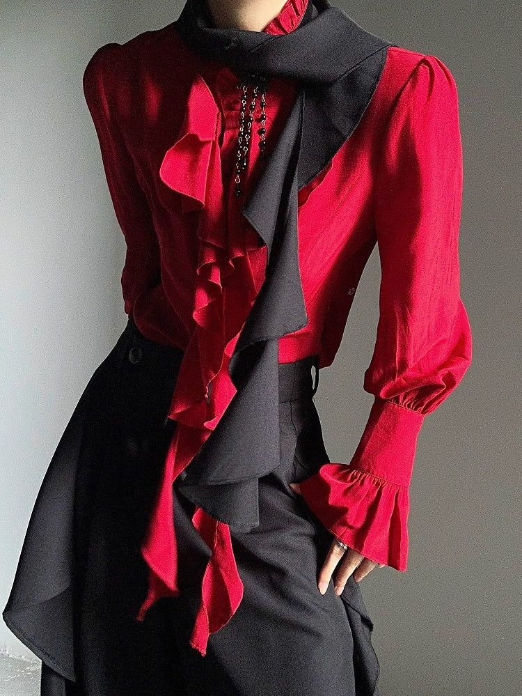 Accents with Zip Black Pants Ruffle Wide-leg Closure Ouji and - Cascading Button