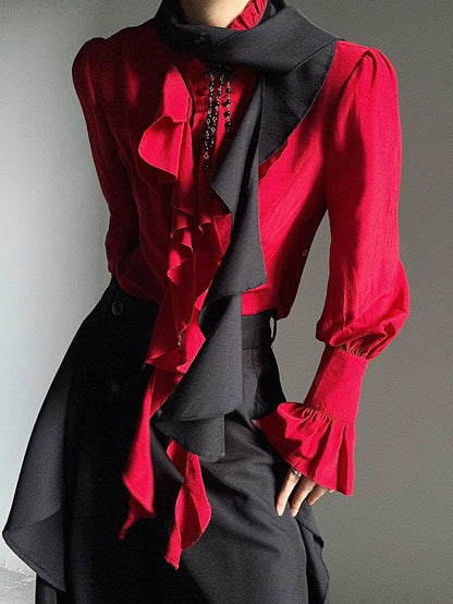 Accents with Zip Black Pants Ruffle Wide-leg Closure Ouji and - Cascading Button