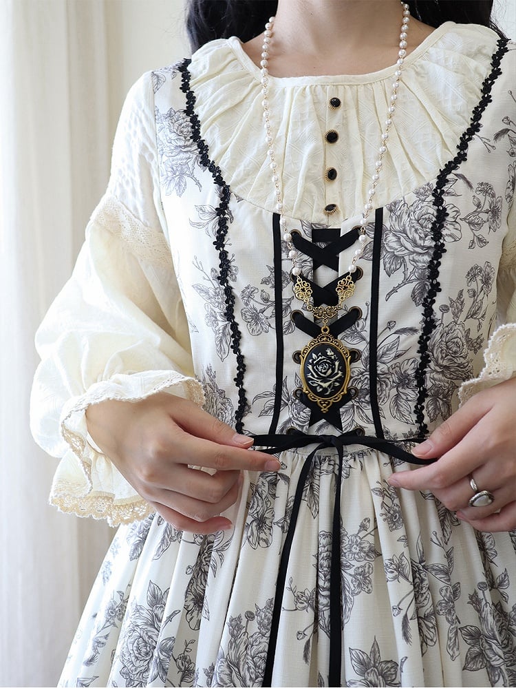 Beige & Black Rosette Print Long-sleeved Elegant Classic Lolita Dress