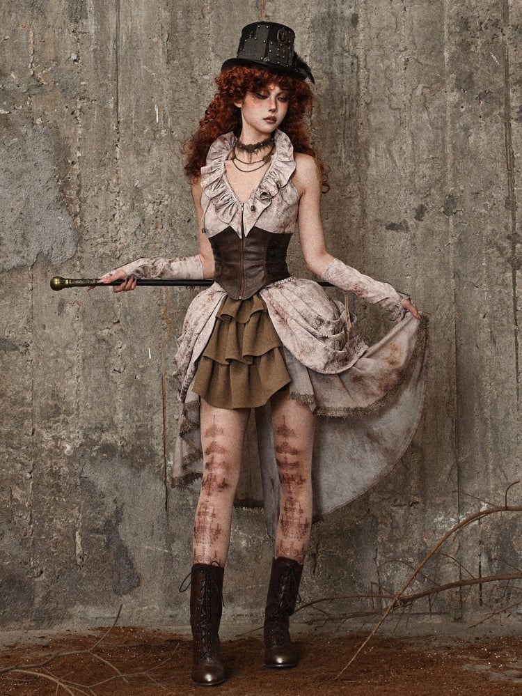 ブラウンのコルセットウエスト、フラウンスネックライン、ノースリーブトップス