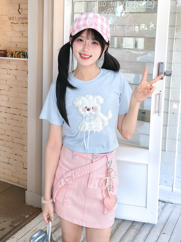 かわいいブルー/ピンクのぬいぐるみの子犬のアップリケTシャツ 夢