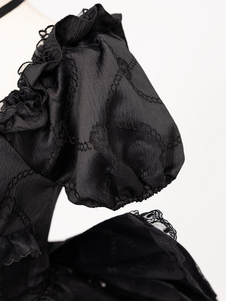 at Ruffle Waist Princess Lolita OP Dress Back Big Bow with Corset Black Skirt