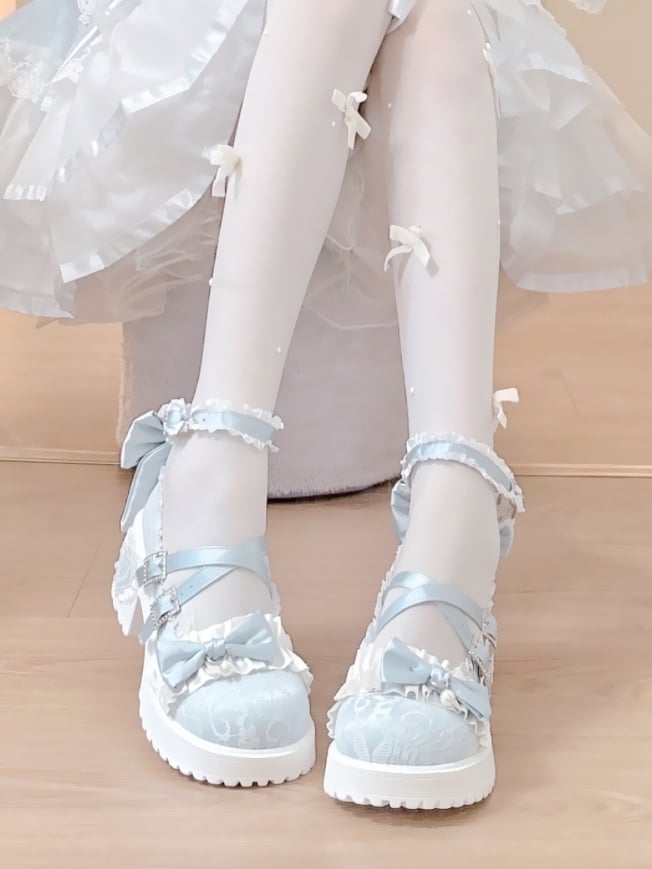 Baby Blue Sweet Lolita Mid Heels - Ornate Crystal Fastener, Ruffle Details & Crisscross Design