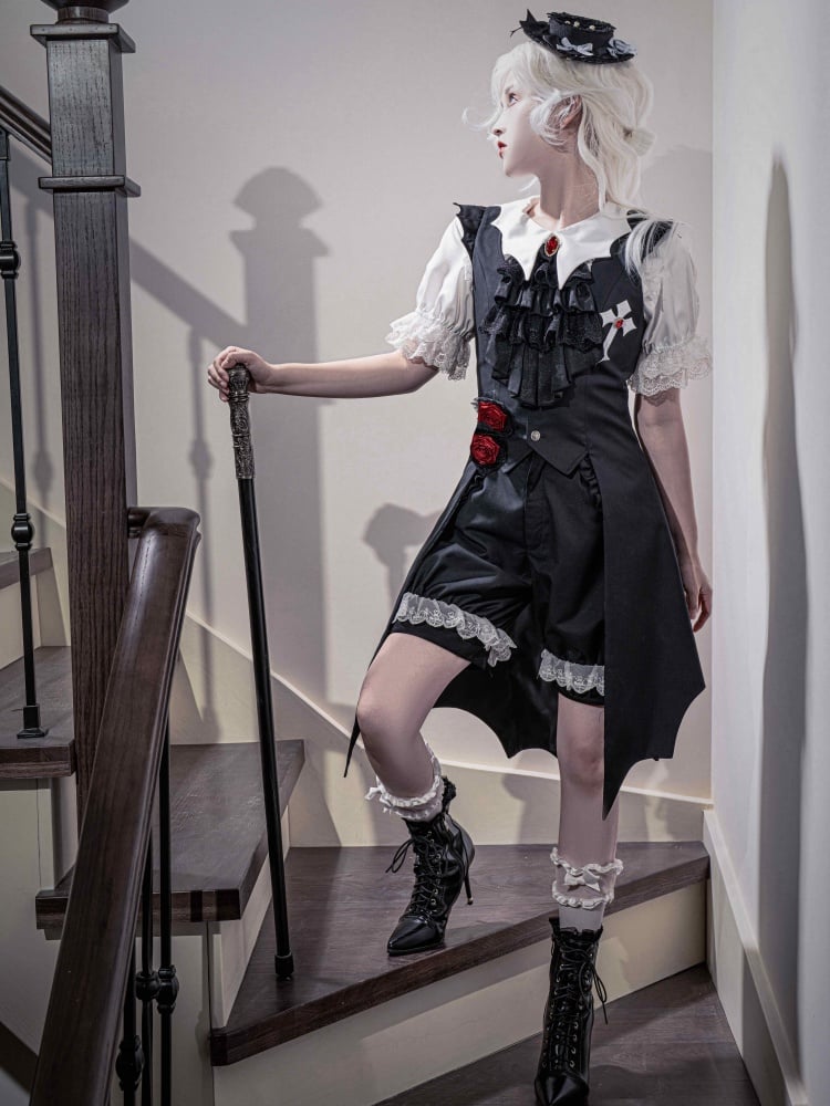 Schwarze Lolita-Shorts von Ouji Fashion mit weißen Bündchen und Spitzenbesatz