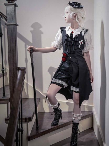 Schwarze Lolita-Shorts von Ouji Fashion mit weißen Bündchen und Spitzenbesatz