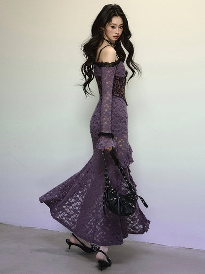 Purple Leopard Corset Bodice High Slit Flounce Hem Mermaid Skirt Off Shoulder Lace Dress Evening Gown