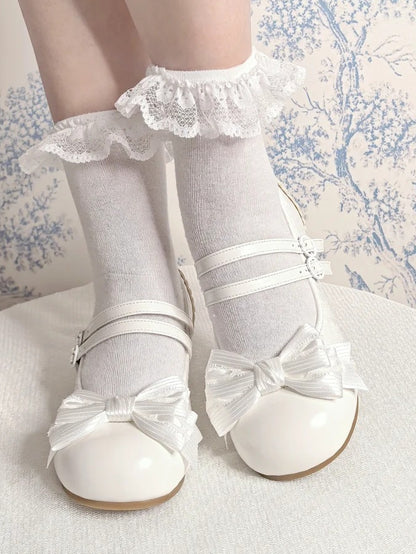 Accent Bow Double with Straps PU Round-Toe Heels Low Lolita White Elegant and