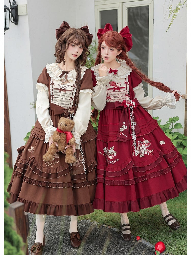 Brown Acorn & Squirrel Embroidered Lolita OP Dress with Peter Pan Collar, Ruffles, Belt, Brooch & Bow Hairclip - With PUJI