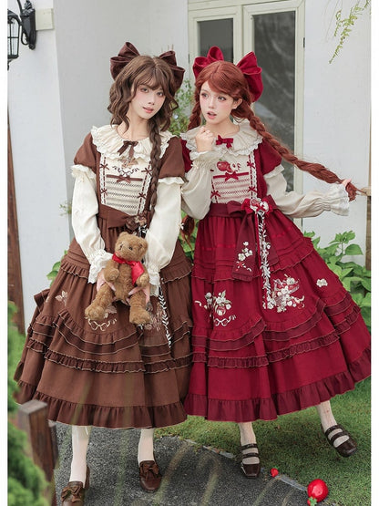 Wine Red Apple Embroidered OP Dress Set with Peter Pan Collar, Long Sleeves, Ruffle Trim, Belt, Brooch & Bow Hairclip - With PUJI