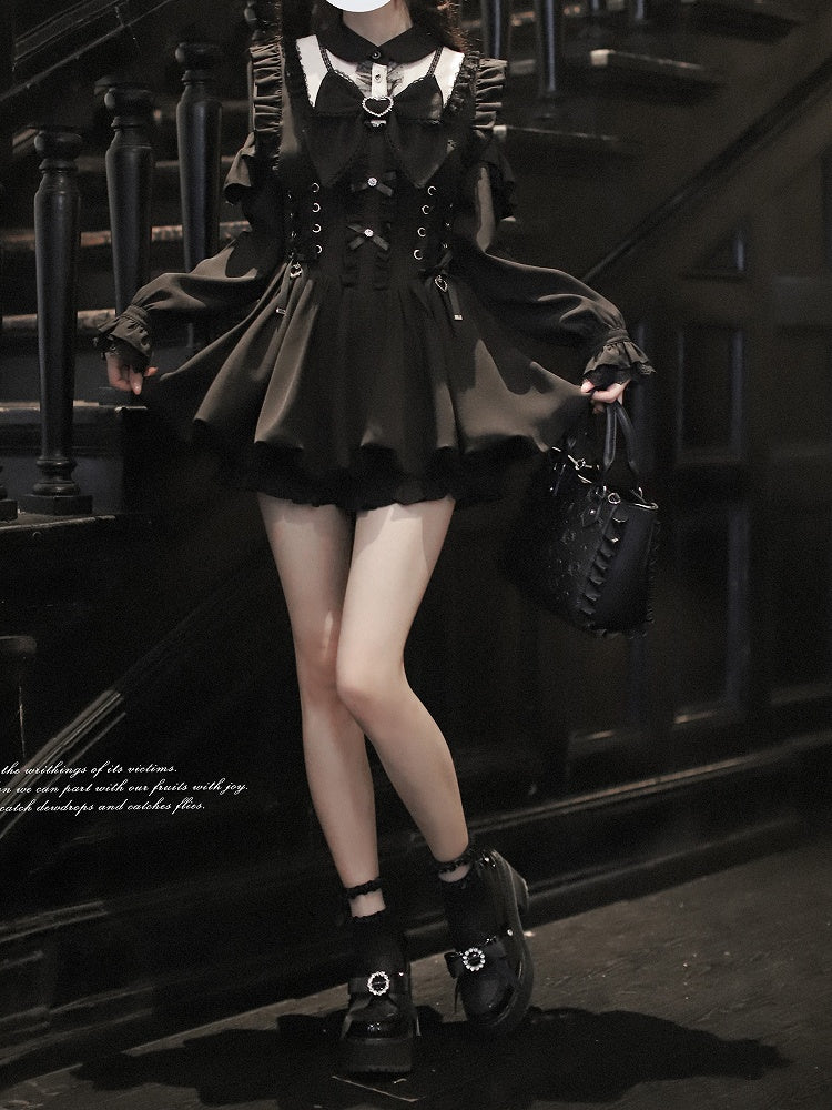 Bubble Jirai with Shoulder Dress - Long Waist Sleeve Lace-Up Cutout Kei Black